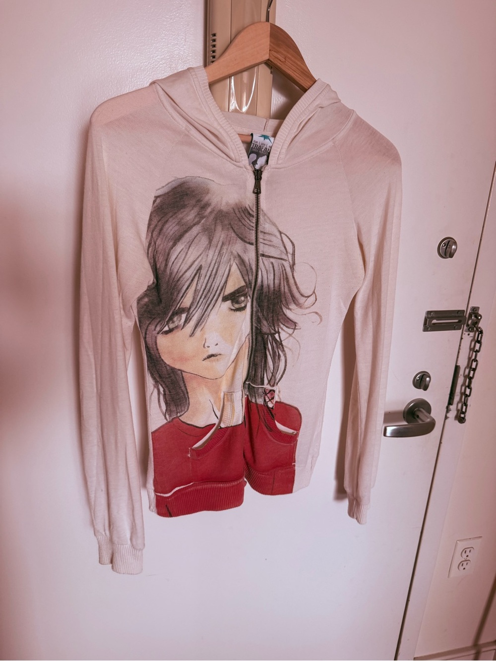 Zara Cream Hoodie with Red Graphic Pocket Detail Small